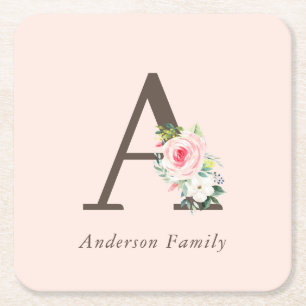 Pink Watercolor Floral Monogram Square Paper Coaster