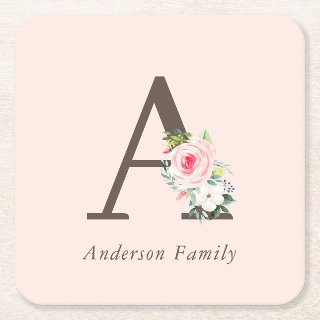 Pink Watercolor Floral Monogram Square Paper Coaster (Front)