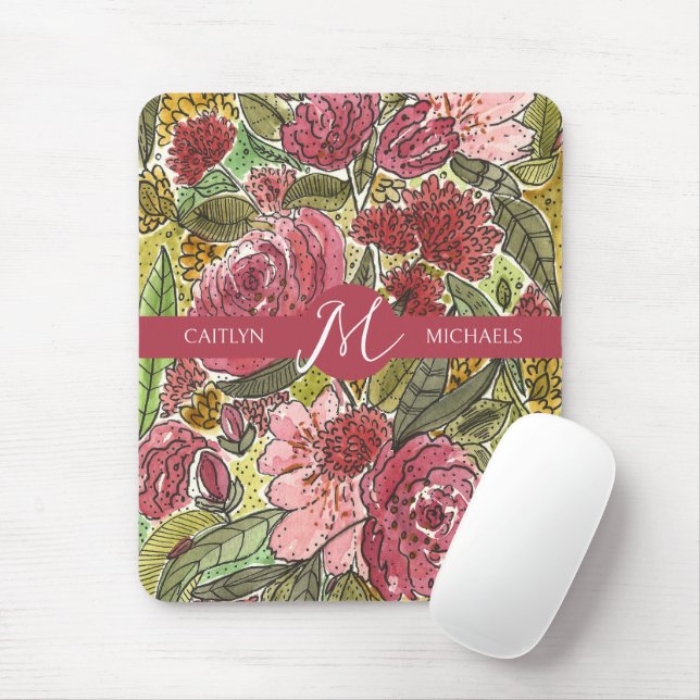 Pink Watercolor Floral Monogram with Name Mouse Mat (With Mouse)
