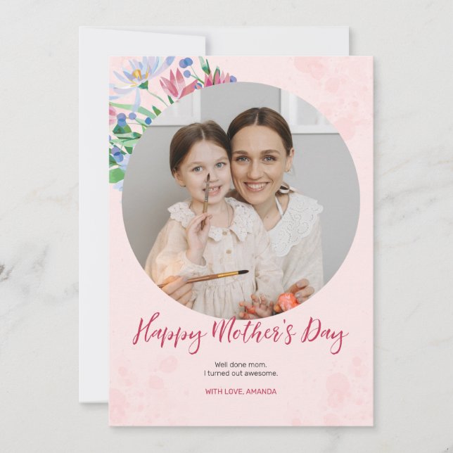 Pink Watercolor Floral Mother's Day Photo Card (Front)