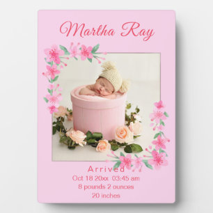 Pink Watercolor Floral New Baby Girl Photo Plaque