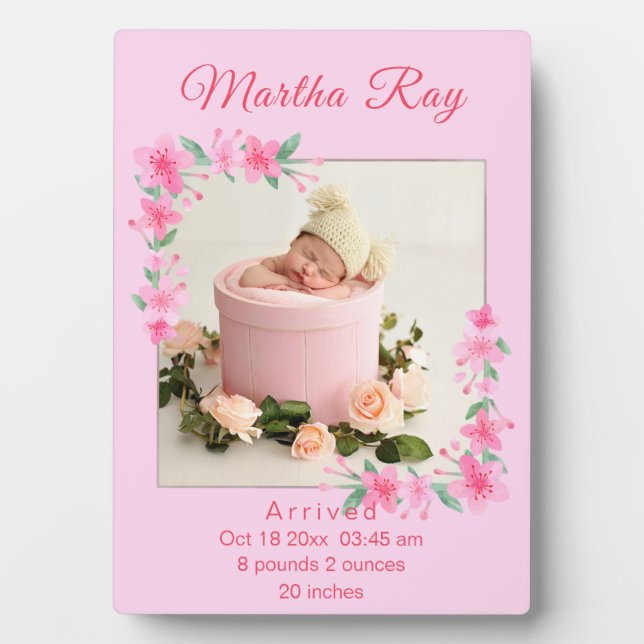 Pink Watercolor Floral New Baby Girl Photo Plaque (Front)