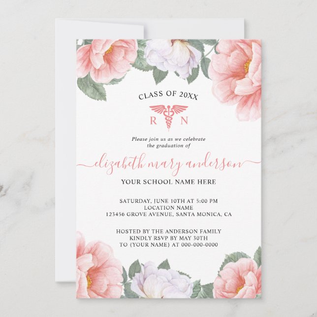 Pink Watercolor Floral Nursing Graduation Invite (Front)