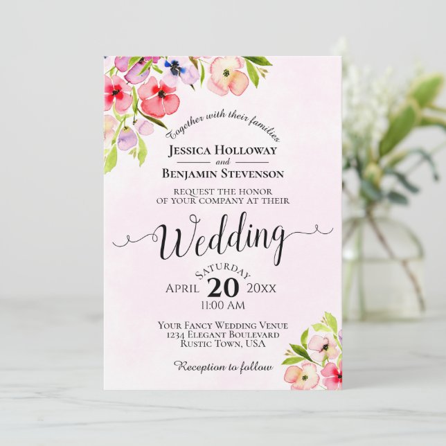 Pink Watercolor Floral Pansies Wedding Invitation (Standing Front)