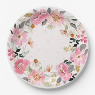 Pink Watercolor Floral Paper Plate