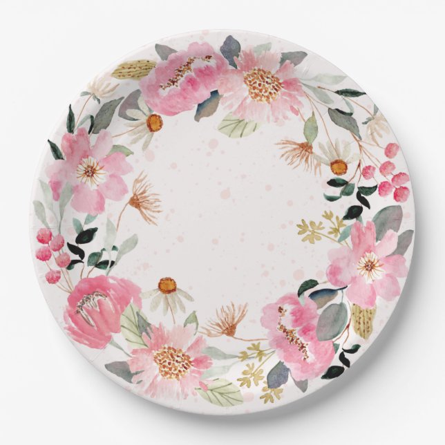 Pink Watercolor Floral Paper Plate (Front)