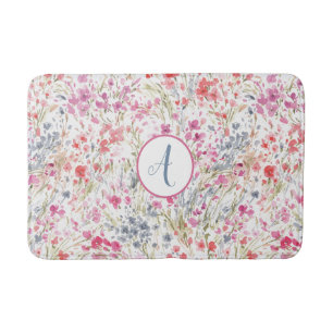Pink Watercolor Floral Pattern Bath Mat