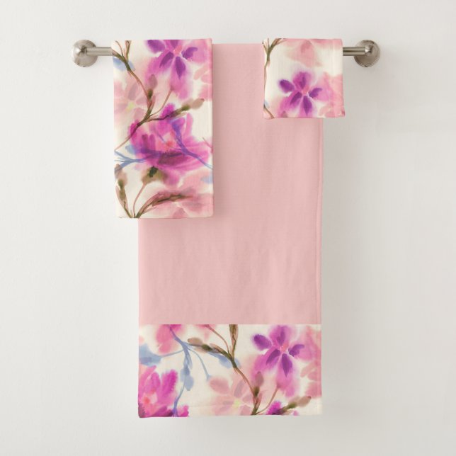 Pink watercolor floral pattern bath towel set (Insitu)