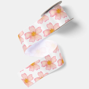 Pink Watercolor Floral Pattern Satin Ribbon