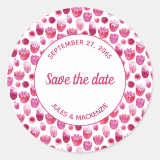 Pink Watercolor Floral Pattern Save the Date Classic Round Sticker