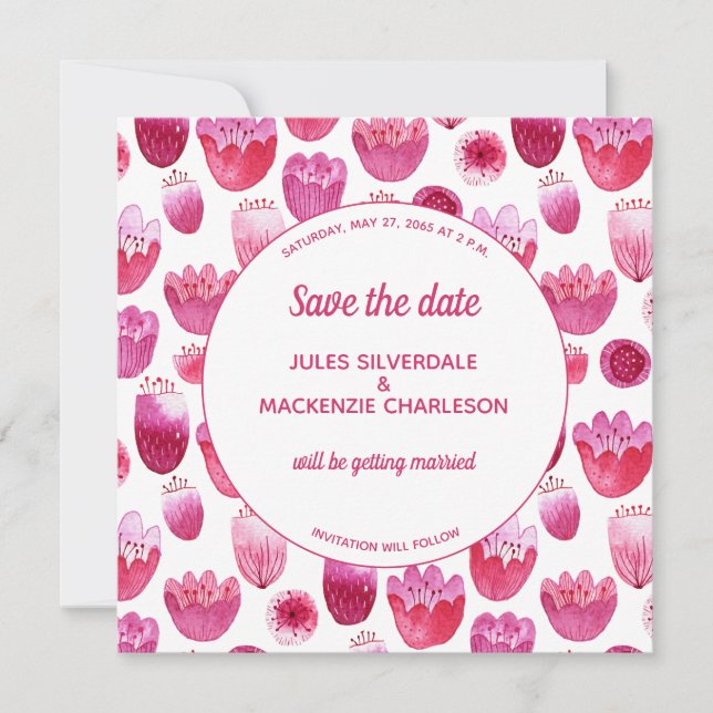 Pink Watercolor Floral Pattern Save the Date Invitation (Front)
