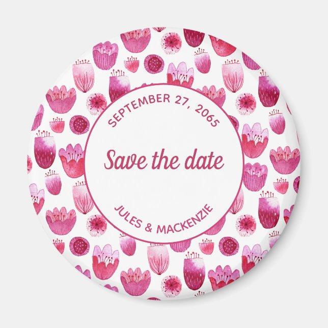Pink Watercolor Floral Pattern Save the Date Magnet (Front)