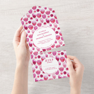 Pink Watercolor Floral Pattern Wedding All In One Invitation