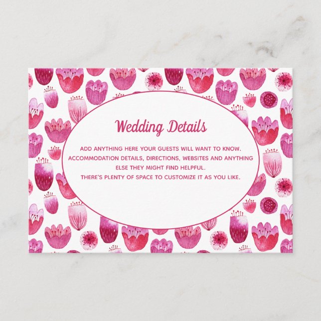 Pink Watercolor Floral Pattern Wedding Details Enclosure Card (Front)