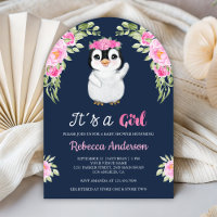 Pink Watercolor Floral Penguin Navy Baby Shower