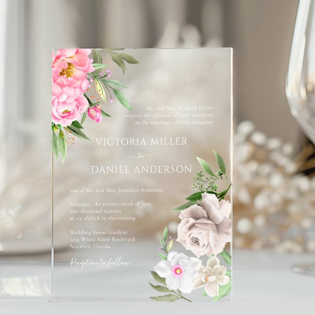 Pink Watercolor Floral Peonies Elegant Wedding Acrylic Invitations (Creator Uploaded)