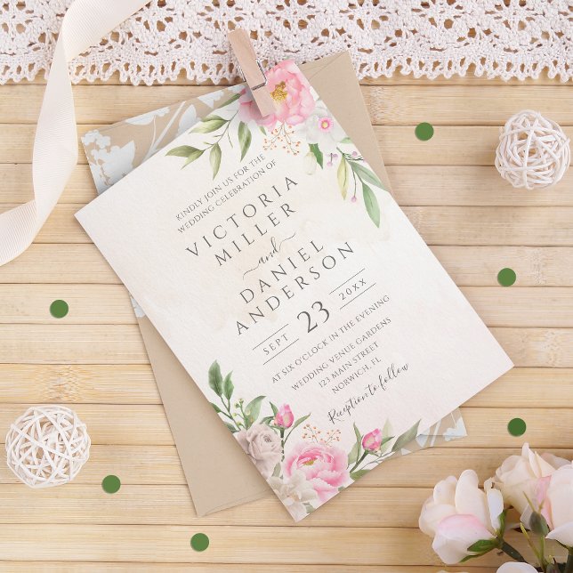 Pink Watercolor Floral Peonies Elegant Wedding Invitation (Creator Uploaded)