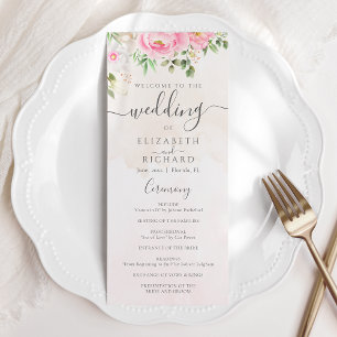 Pink Watercolor Floral Peonies Elegant Wedding Programme