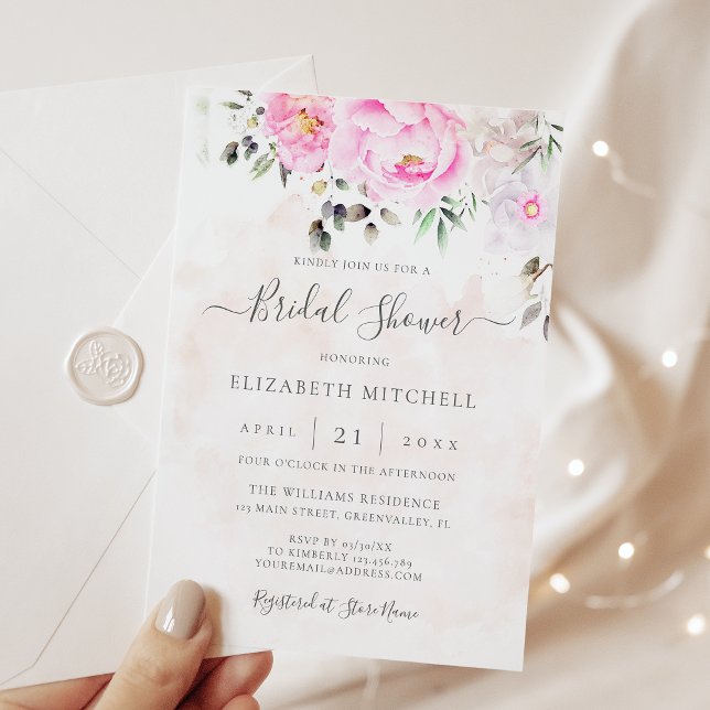 Pink Watercolor Floral Peony Elegant Bridal Shower Invitation (Creator Uploaded)