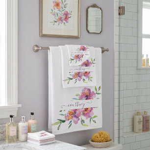 Pink watercolor floral personalised  bath towel set
