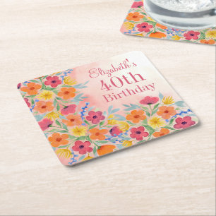 Pink Watercolor Floral Personalised Birthday Square Paper Coaster