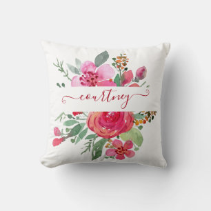 Pink watercolor floral personalised cushion