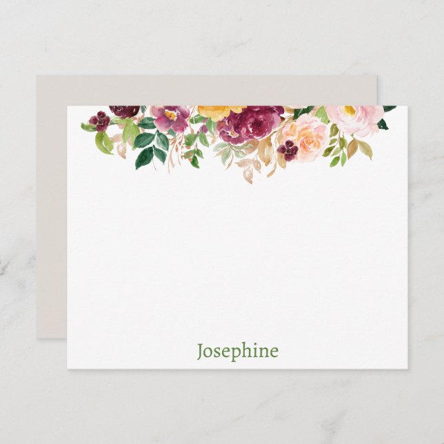 Pink Watercolor Floral Personalised Flat Note Card (Front/Back)