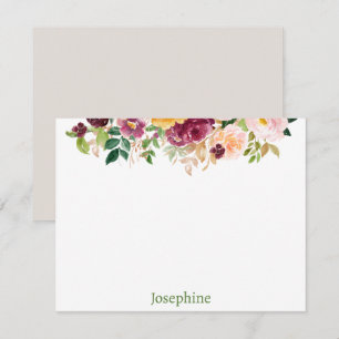 Pink Watercolor Floral Personalised Flat Note Card