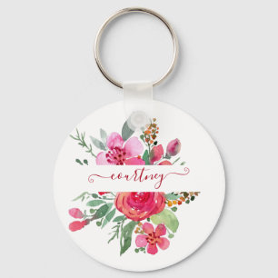 Pink watercolor floral personalised key ring