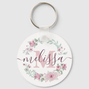 Pink watercolor floral personalised key ring