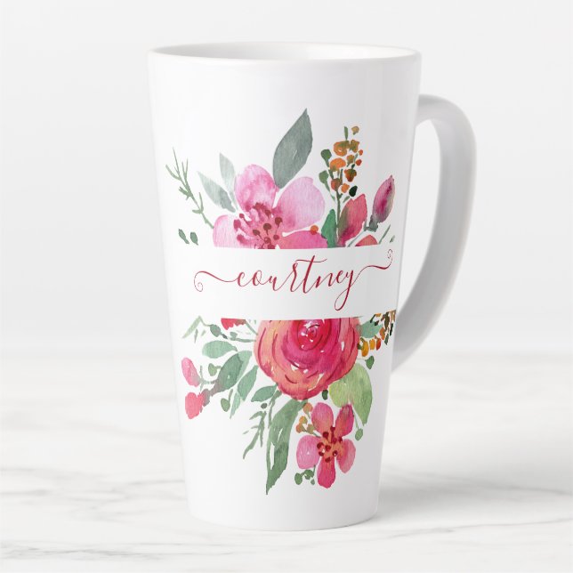 Pink watercolor floral personalised   latte mug (Right Angle)