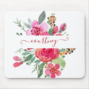 Pink watercolor floral personalised   mouse mat