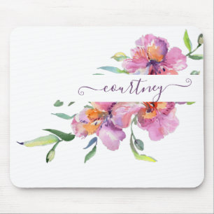 Pink watercolor floral personalised mouse mat