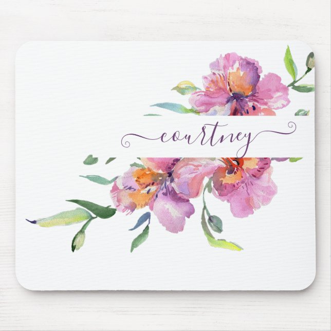 Pink watercolor floral personalised  mouse mat (Front)