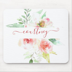 Pink watercolor floral personalised mouse mat