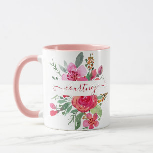 Pink watercolor floral personalised mug