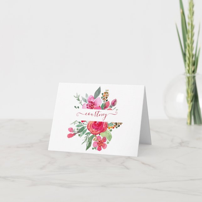 Pink watercolor floral personalised   note card (Front)