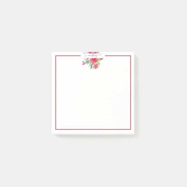 Pink watercolor floral personalised   post-it notes (Front)