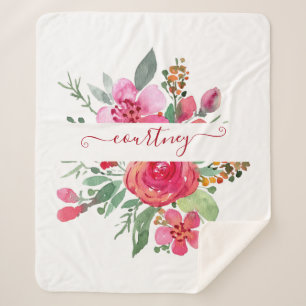 Pink watercolor floral personalised  sherpa blanket