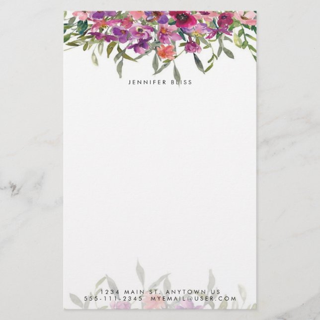 Pink watercolor floral personalised stationery (Front)