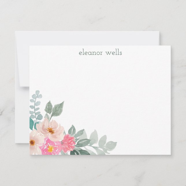 Pink Watercolor Floral Personalised Stationery Card (Front)