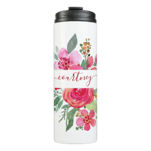 Pink watercolor floral personalised thermal tumbler