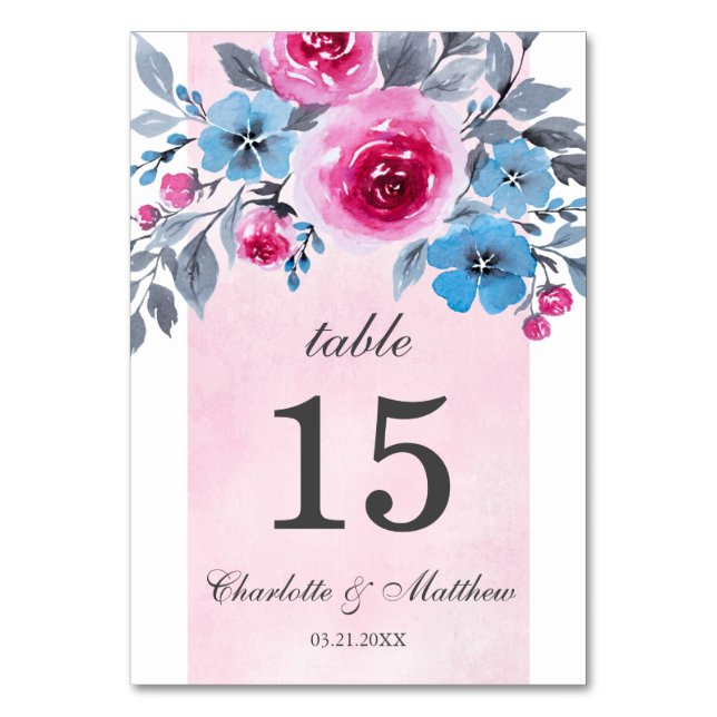 Pink Watercolor Floral Personalised Wedding Table Number (Front)