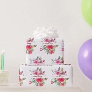Pink watercolor floral personalised   wrapping pap paper
