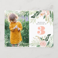 Pink watercolor floral photo birthday invitation