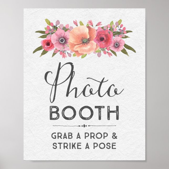 Pink Watercolor Floral Photo Booth Wedding Sign (Front)