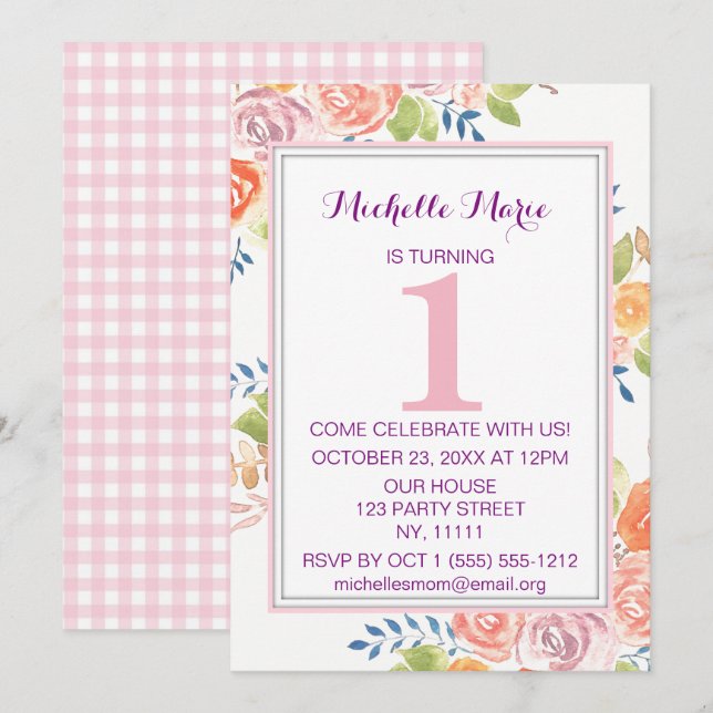 Pink Watercolor Floral Plaid First Birthday Invitation (Front/Back)