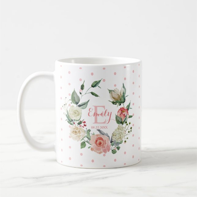 Pink Watercolor Floral Polka Dots Girl Coffee Mug (Left)