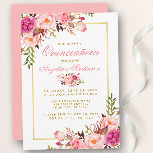 Pink Watercolor Floral Quinceanera Gold Invitation