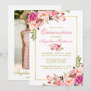 Pink Watercolor Floral Quinceanera Photo Gold Invitation